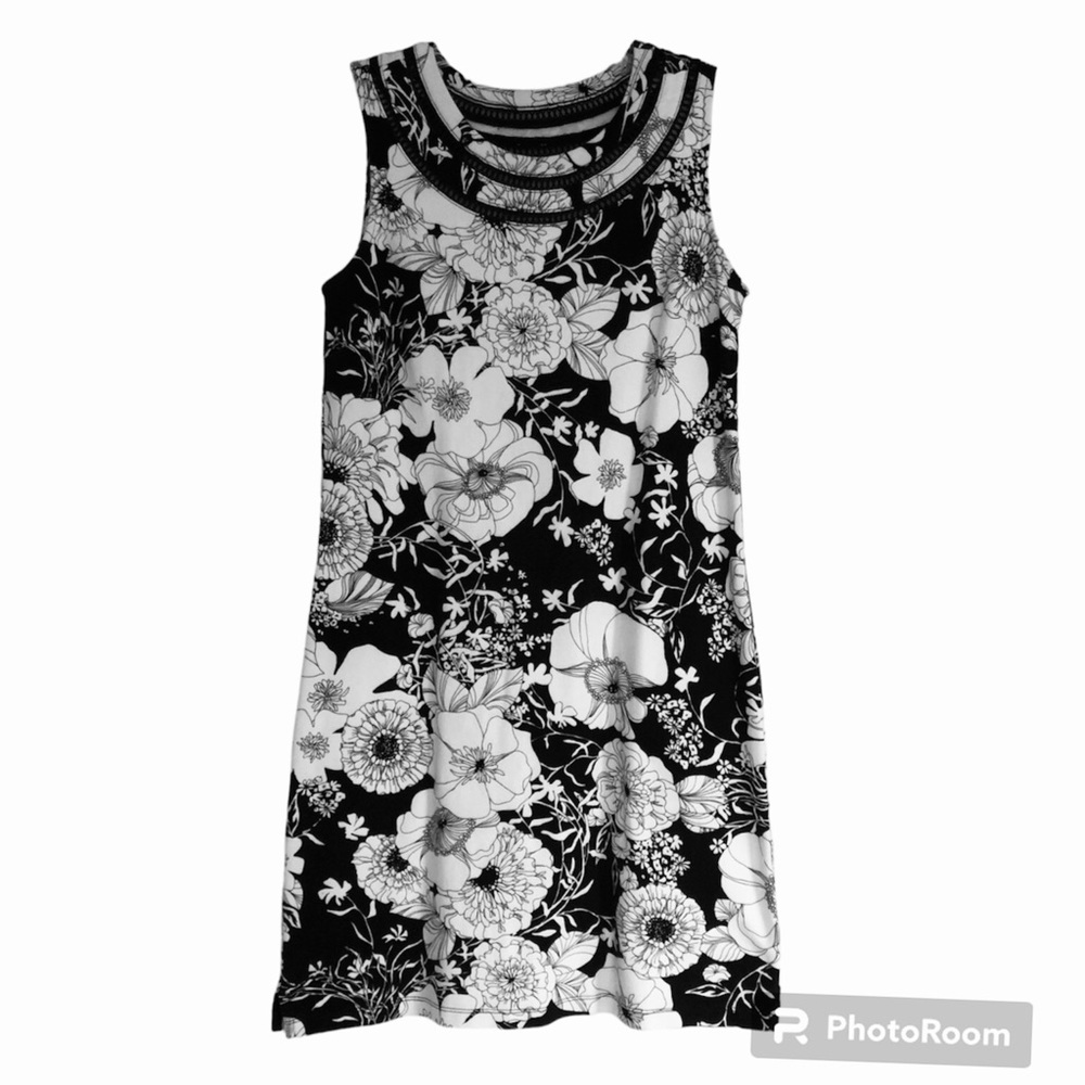 Talbots Dress Sz SP Black White Sleeveless Sheath Cotton Floral Crochet Neckline